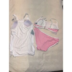 Shade & Shore Pink Striped Bikini & Calypsa White Ribbed Tankini Set Womens M